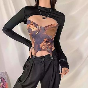 2 Piece Renaissance print top & long sleeve mesh top